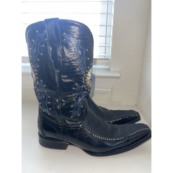 JUGO‎ Hand Embroidered Studded Men\'s Black Leather Cowboy Boots Size 9 main image 16